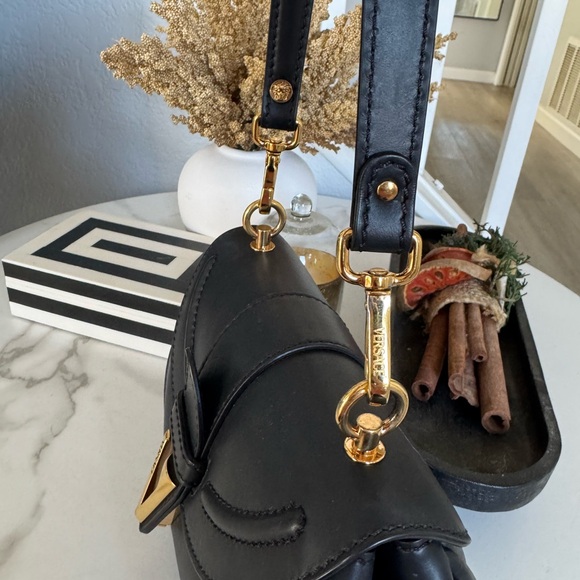 Authentic Versace Virtus Black Leather Shoulder Bag with Gold Accents - Picture 6 of 15